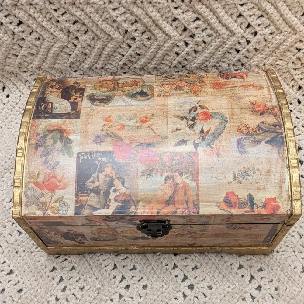 Vintage Style Decoupage Wooden Treasure Chest Jewelry Keepsake Box Gold Trim